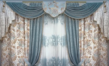 Luxury interior is decorated in the palace style. Curtains, pelmet and tulle from natural materials clipart