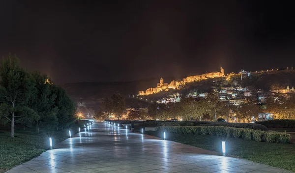 Γεωργία, Τιφλίδα - 23 Νοεμβρίου 2016. Νυχτερινή άποψη του νέου πάρκου αναψυχής και Narikala φρούριο στην παλιά πόλη — Φωτογραφία Αρχείου