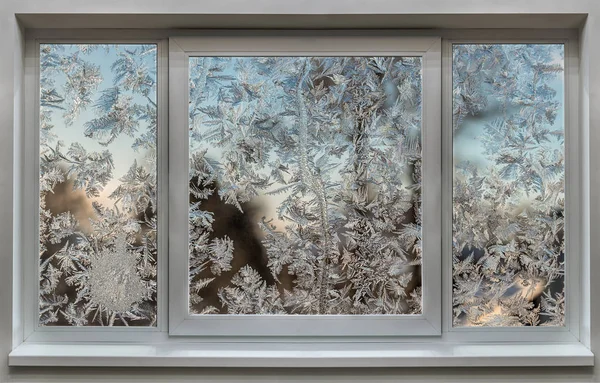 Bizarre fros-twork on a frozen window — Stock Photo, Image