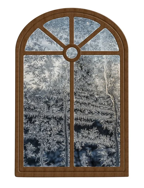 Ένα τοξωτό παράθυρο και ένα παγωμένο μοτίβο σε ένα παγωμένο ποτήρι — Φωτογραφία Αρχείου