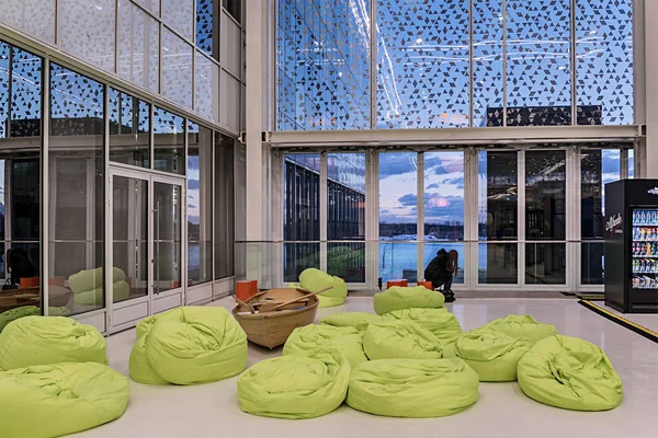 Moscow.  February 15, 2017. Skolkovo. Soft green chair-bags for relaxing at the entrance to Technopark. — Stock Photo, Image