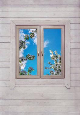 Bir ahşap evin duvarına. Sokak ve çiçek açan bir elma ağacı dalları penceresinden görüntülemek.