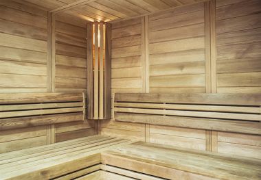 Sauna ile rahat iç köşede aydınlatılmış