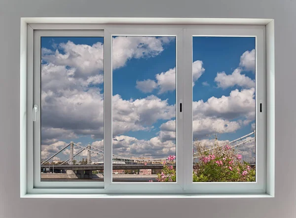 View of the Moscow city landscape through a triple window with sliding frames — Stock Photo, Image