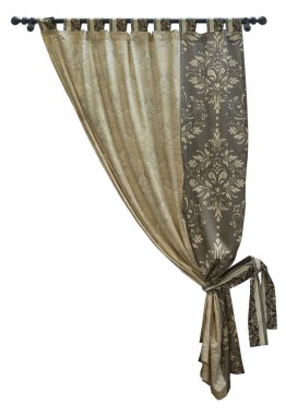 Modern dekorasyon. Yuvarlak korniş üzerinde döngüler ile kombine perdeler. Beyaz arka plan üzerinde izole.