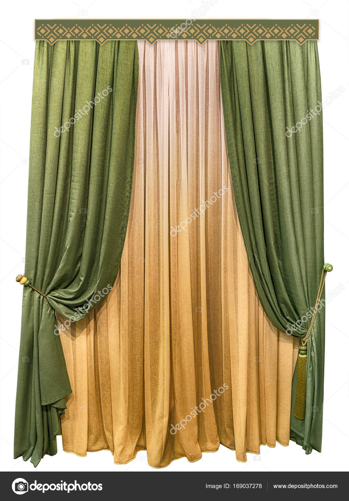 Groene gordijnen gemaakt van wollen weefsel. Linnen tulle met een ... Groene gordijnen gemaakt van wollen weefsel. Linnen tulle met een ...
