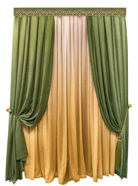 羊毛织物制成的绿色窗帘。颜色从黄色到白色的渐变过渡的亚麻纱。几何图案花纹的对. — 图库照片