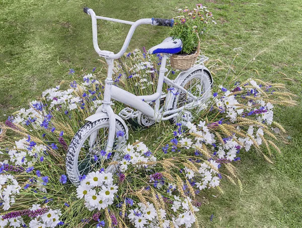 La deuxième vie d'un vieux vélo blanc. Beau et insolite parterre de fleurs sur la pelouse du parc . — Photo