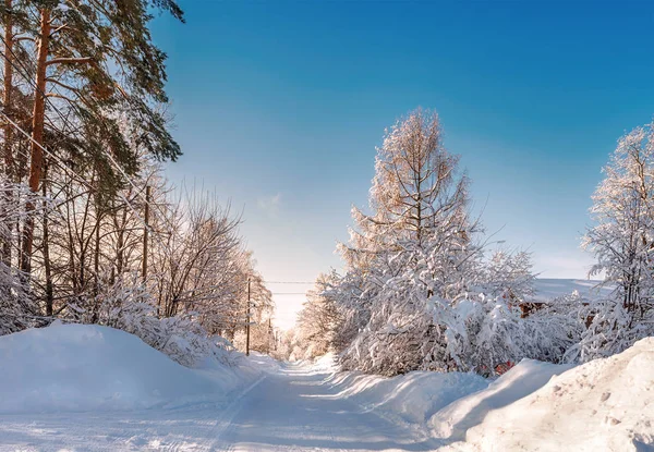 Заснеженная дорога зимой проходит по сельской улице. Морозный, солнечный день . — стоковое фото
