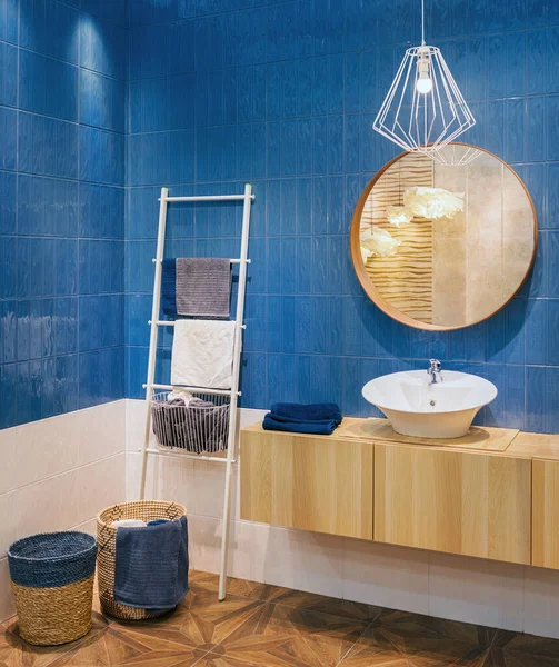 Modern Interior Washroom Combination Blue Ceramic Tiles Natural Wood Bathroom Royalty Free Stock Images