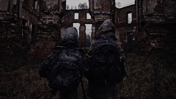 Sad Dirty Homeless Siblings Walking Abandoned Building — Stock Photo, Image