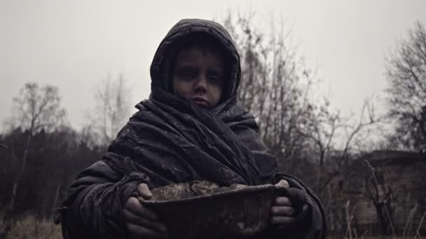 Portrait Little Dirty Homeless Boy Bowl Water — Stock Video