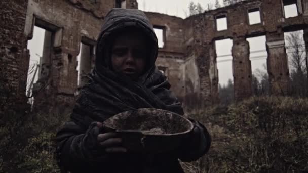 Retrato Pequeno Mendigo Sujo Com Tigela Dentro Prédio Abandonado — Vídeo de Stock