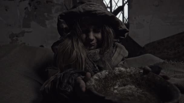 Portrait Dirty Homeless Orphan Girl Drinking Water Old Bowl Abandoned — Stock Video