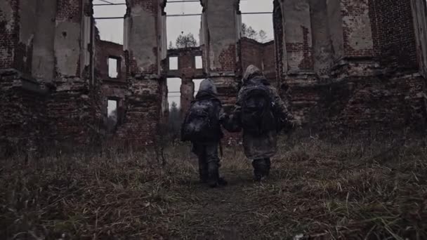 Little Homeless Orphans Walking Abandoned Ruins — Stock Video