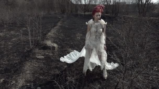 Scenic View Fairy White Dress Posing Outdoors Moody Nature — 图库视频影像