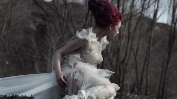 Scenic View Fairy White Dress Posing Outdoors Moody Nature — ストック動画