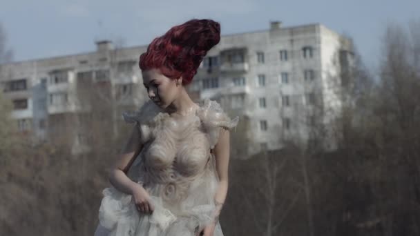 Scenic View Fairy White Dress Posing Outdoors Moody Nature — ストック動画