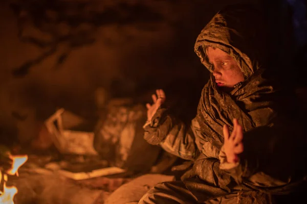 Depressed Homeless Boy Sitting Campfire — Stock Photo, Image