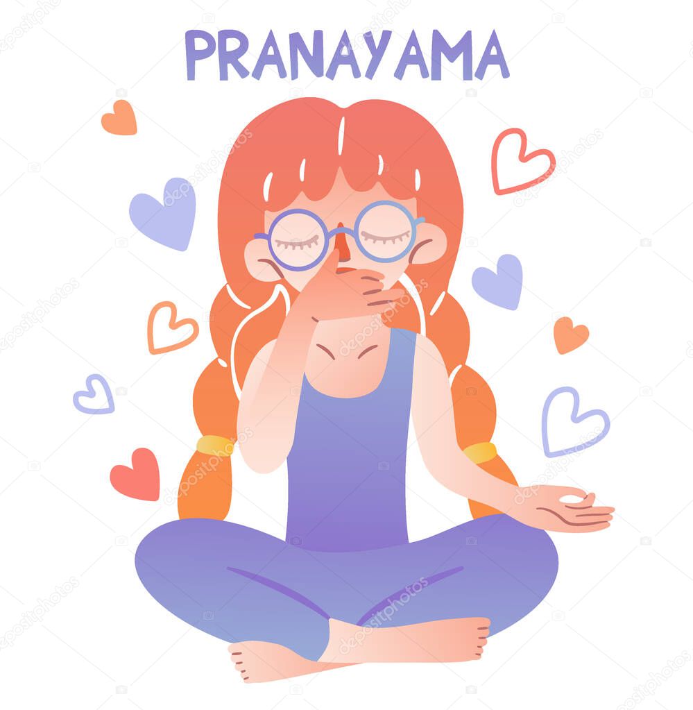 A cute girl with glasses and pigtails sits in a lotus position and does breathing practice. Lettering pranayama. Fingers folded in mudra. Meditative vector isolated character for illustrating yoga.