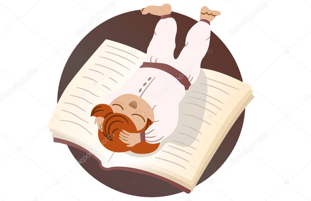 Dreamy European child resting on a book with raised legs and hands behind his head. Vector isolated illustration of children's literature, fairy tales. International Children's Book Day. Lying pose.