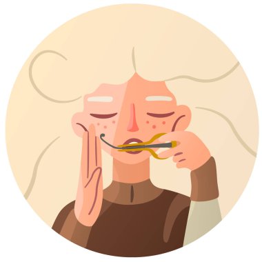 Avrupalı güzel bir kız etnik bir müzik aleti çalıyor - çene arpı. Khomus 'ta çalarken el pozisyonunu düzelt. Sakinlik, sakinleşme, trans. Çevrimiçi depolama için vektör izole karakter.