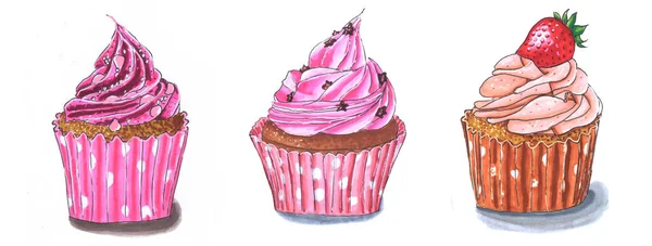 Conjunto de cupcakes marcadores aislados en ilustración dibujada a mano en blanco —  Fotos de Stock