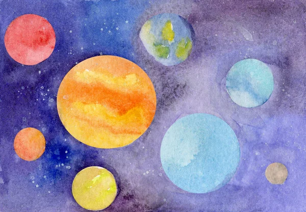 カラフルな惑星と宇宙の漫画の背景の水彩イラスト — ストック写真