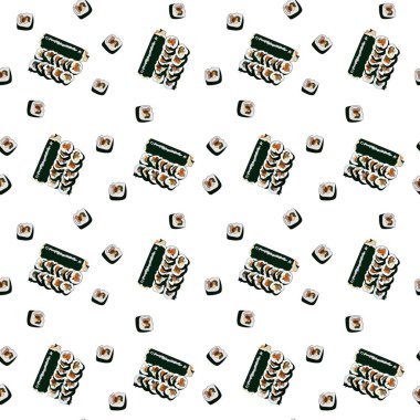 Beyaz arka planda gimbap dilimleri olan kusursuz bir desen. Kore suşisi ya da rulo. Geleneksel Kore yemeği gimbap.