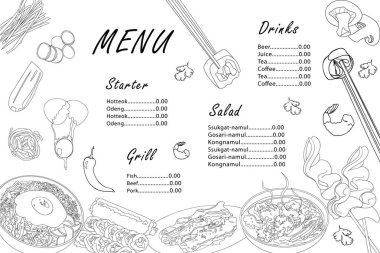 Kore mutfağı için menü şablonu. Asya siyah ana hatları bibimbap, gimbap, guksu, odeng, galbi-gui beyaz arka planda..