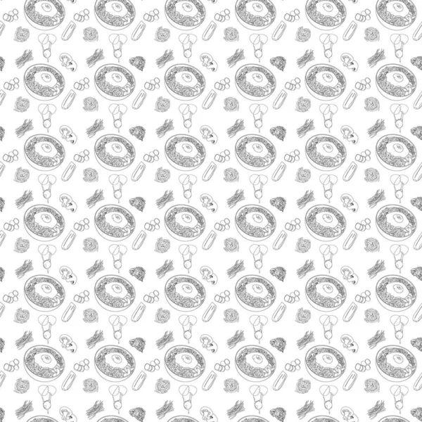 Kusursuz hatsız bibimbap deseni. Kızarmış yumurtalı geleneksel Kore yemeği. Yemek yapmak için gerekli malzemeler. Havuç dilimleri, eğreltiotu, kırılan yumurtalar, mantarlar, kabak..