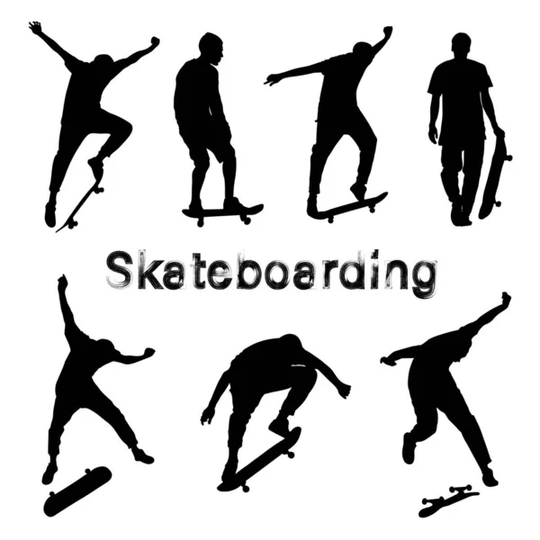 Una grande serie di silhouette da skateboarder nero. Skate trick ollie. Skateboarder è giostre, spinge da terra, saltando, in piedi sulla tavola . — Vettoriale Stock