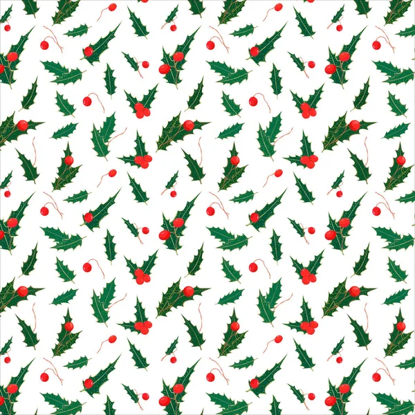 Kusursuz Noel şablonu, kutsal yapraklar ve meyveler. Beyaz arka planda yeşil yapraklar ve kırmızı böğürtlenlerden oluşan yeni yıl deseni.