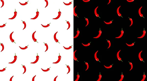 Siyah beyaz arka planda yeşil kuyruklu küçük kırmızı biberlerden oluşan pürüzsüz desenler..