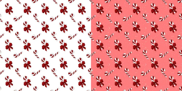 Beyaz ve pembe arka planda kırmızı fiyonklu kırmızı-beyaz baston şekerlemelerden oluşan yeni yıl seti. Paket kağıdı için Noel deseni.
