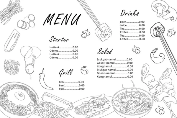 Kore mutfağı için menü şablonu. Asya siyah ana hatları bibimbap, gimbap, guksu, odeng, galbi-gui beyaz arka planda..