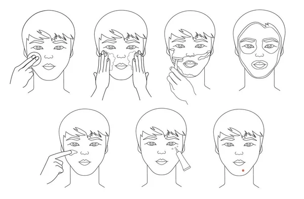 Basit bir erkek yüzü. Asyalı genç adam tıraş oluyor ve yüz ve göz kremi sürüyor maske takıp yüzünü yıkıyor. Sivilceli adam. Deri bakım prosedürleri.