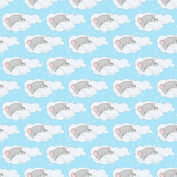 Mavi desenli bir arka planda farenin bulutta uyuduğu kusursuz bir düzen. Büyük kulaklı küçük sevimli gri fare.