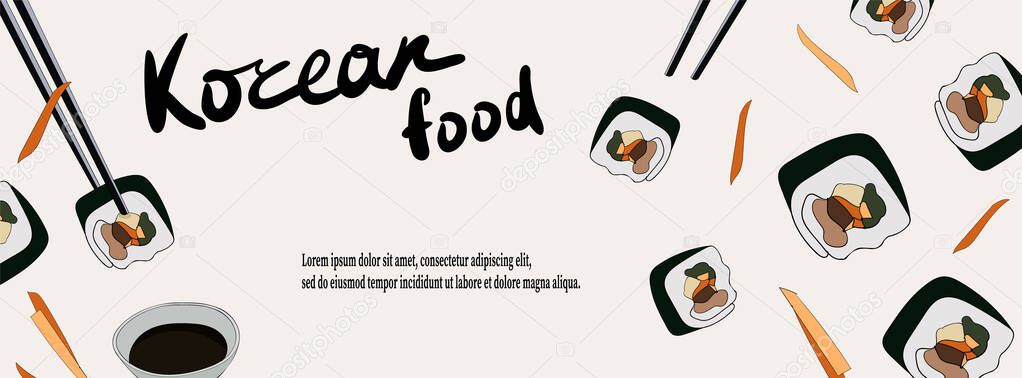 Template banner with Korean sushi for websites or social network with lettering Korean food.