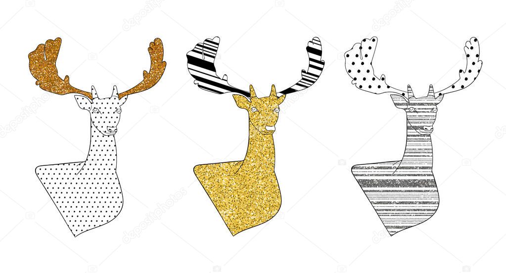 Set of stylized deer with gold, bronze and silver glitter. Elements for Christmas and New Year design.