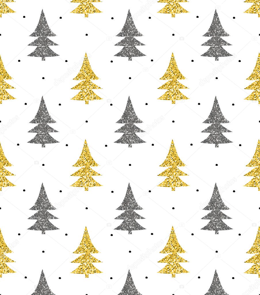 Seamless Christmas pattern of fir trees with gold and silver glitter on white background. New year design for wrapping paper. Background with sparkles.