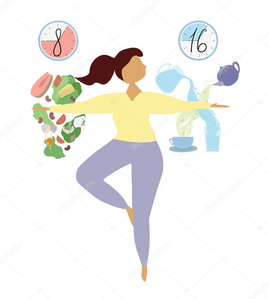 Intermittent fasting concept. Method of losing weight and accelerating metabolism. Scheme 8 16, eight-hour food window. Girl balances on leg between food and water and tea.