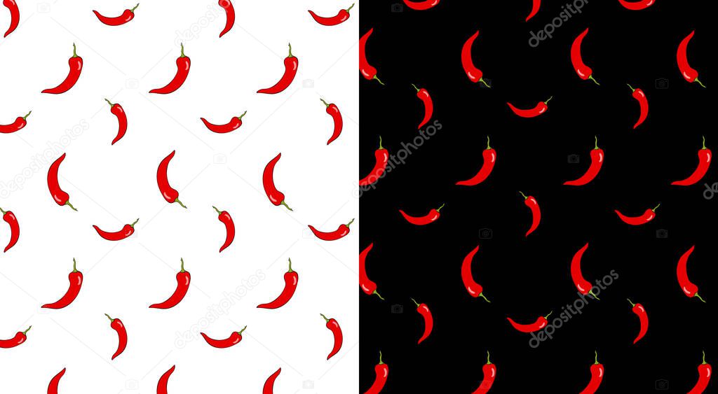 Set of seamless patterns of small red chili peppers with green tails on a black and white background.
