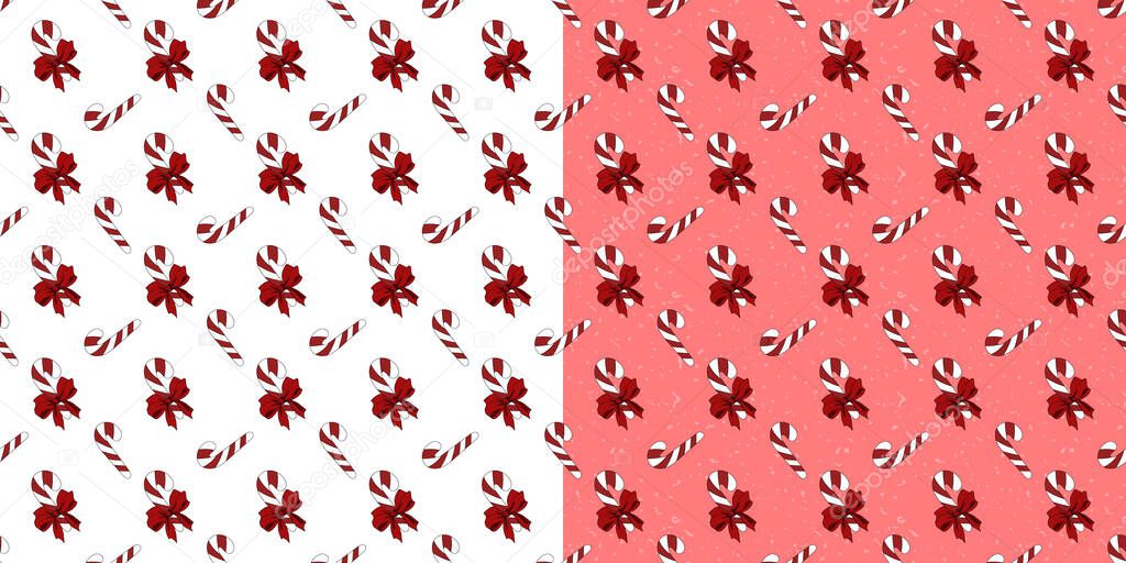 ew Year Set of seamless patterns of red-white candy canes with red bow on white and pink background. Christmas pattern for wrapping paper.