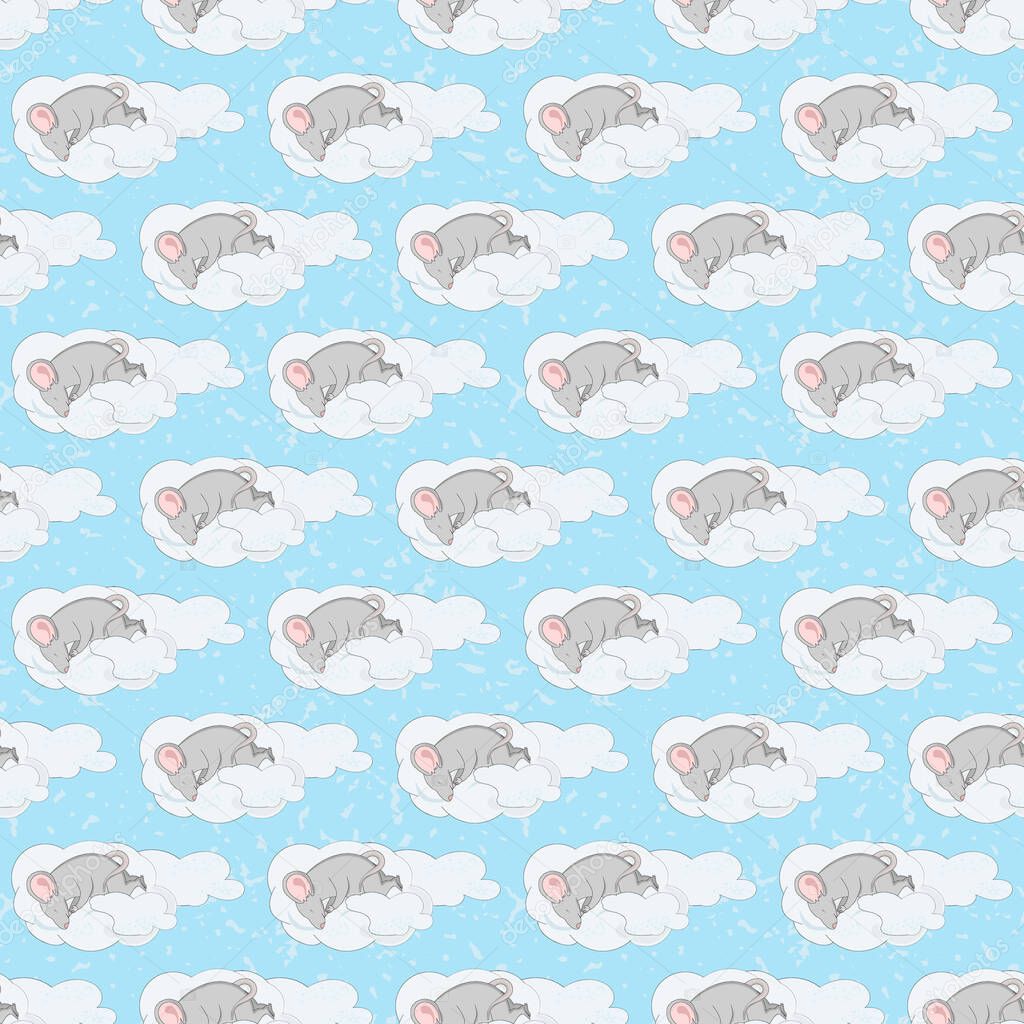 Seamless pattern with rat sleeping on a cloud on blue textural background. Little cute gray mouse with big ears.