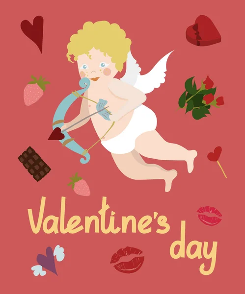 Yay ve okla donlu sevimli bir aşk tanrısı. Sevgililer Günü için kart ya da el ilanı tasarımı. Sevgililer Günü Mektubu.