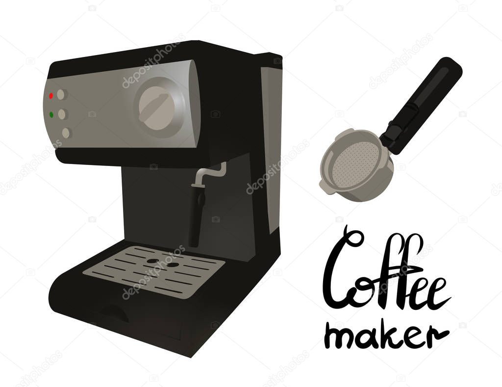 Coffee machine with portafilter. Lettering coffee maker. Isolated isometric vector illustration.
