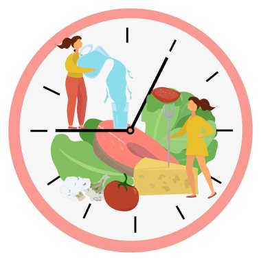 Intermittent fasting concept. Dial divided into periods of the food window and water. Girl with healthy food. Method of losing weight and accelerating metabolism. Vector illustration. clipart
