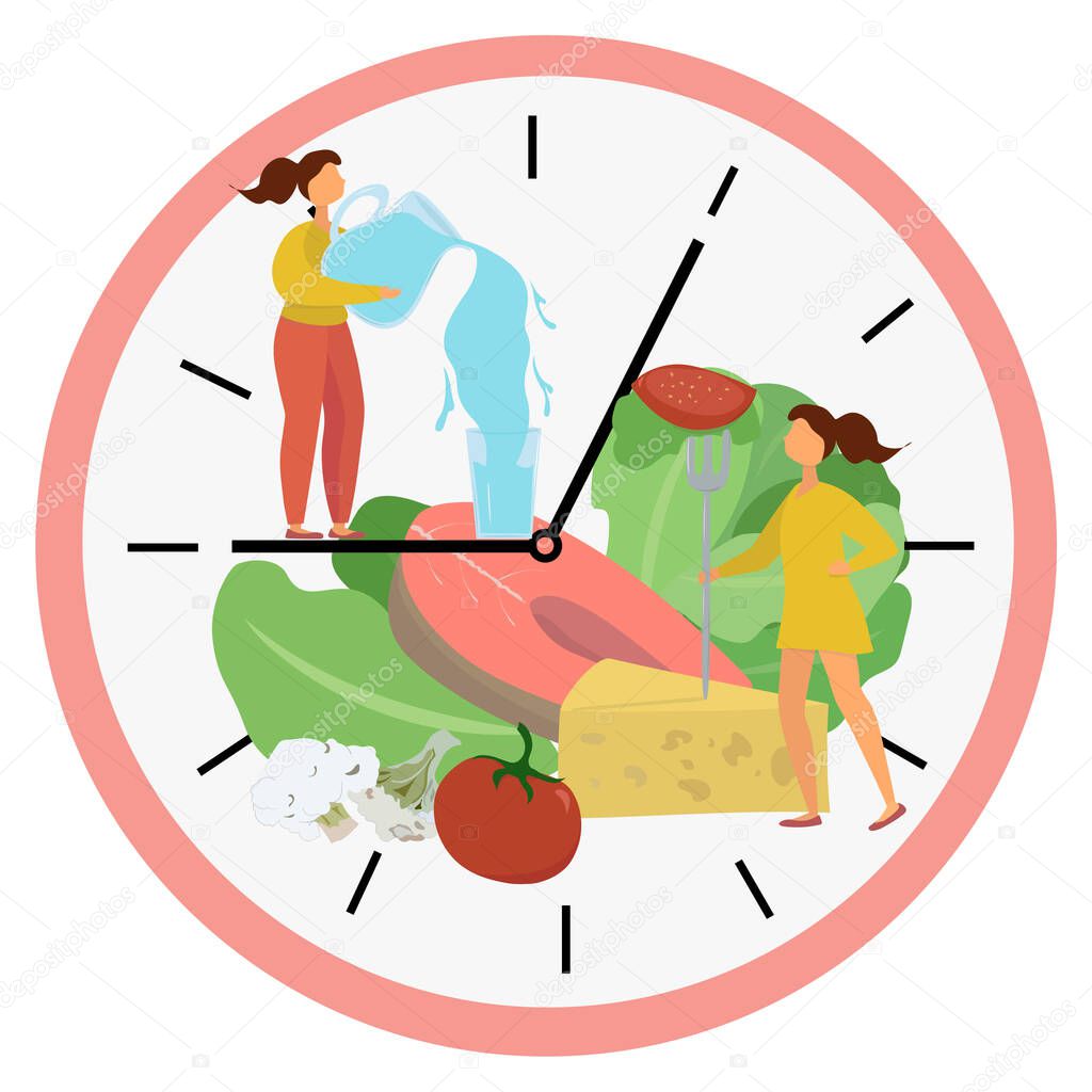Intermittent fasting concept. Dial divided into periods of the food window and water. Girl with healthy food. Method of losing weight and accelerating metabolism. Vector illustration.