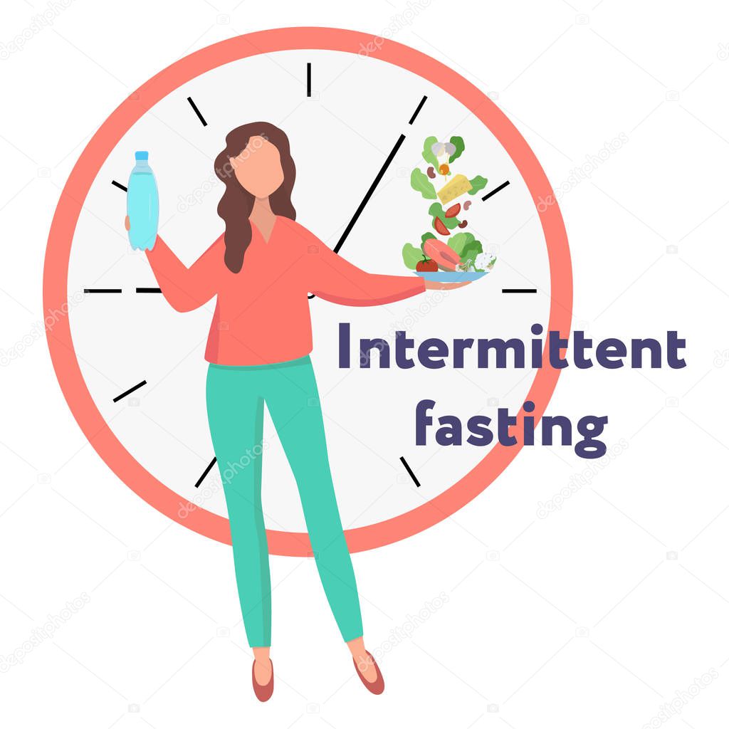 Girl showing the concept of intermittent fasting. Method of losing weight. Food window. Girl holds water and food against the background of the clock. Vector illustration.